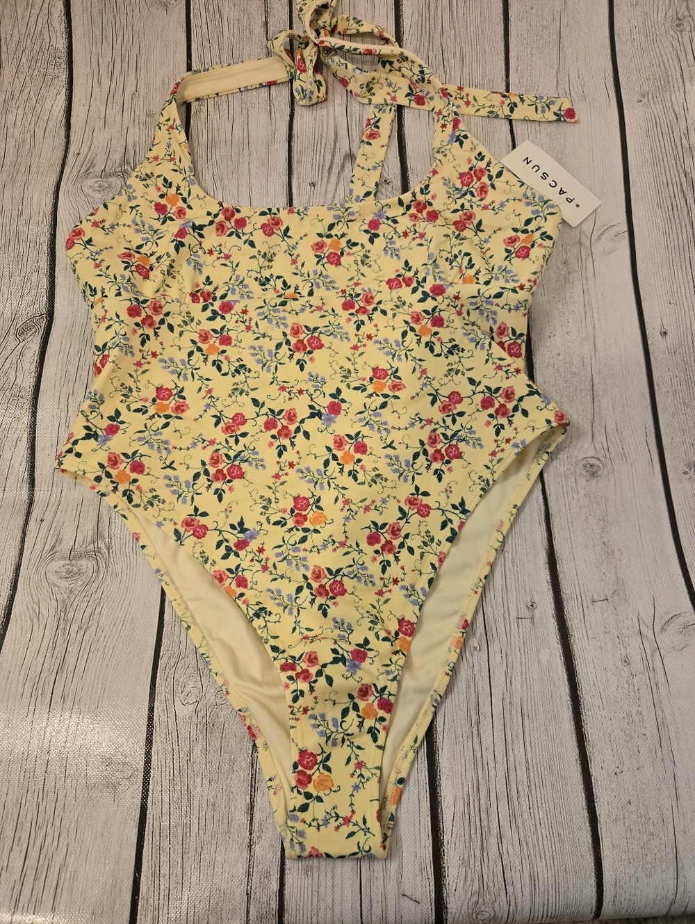 Amor y Besos Penelope Yellow Floral Halter One Piece Cheeky Swimsuit Pacsun - M - Picture 7 of 10